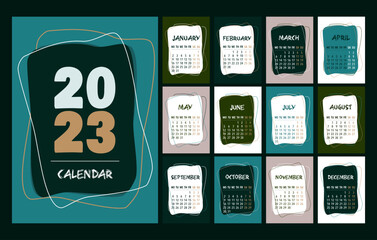 Calendar 2023 template, turquoise, green, gray, white and black desk calendar design. Week start On Monday, planner, stationery, wall calendar. Vector illustration - obrazy, fototapety, plakaty