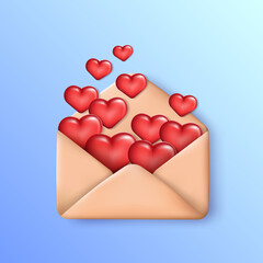 Opened cartoon envelope full of red chubby hearts. 3d rendering love letter isolated on blue background. Vector illustration EPS 10