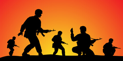 Soldiers troop in operative mission sunset silhouette background, warrior in the battle design vector illustration. - obrazy, fototapety, plakaty