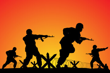 Fototapeta na wymiar Soldiers troop in operative mission sunset silhouette background, warrior in the battle design vector illustration.