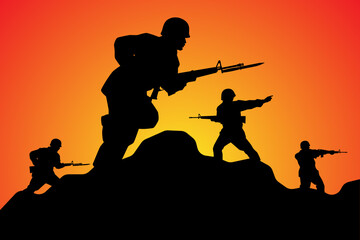 Fototapeta na wymiar Soldiers troop in operative mission sunset silhouette background, warrior in the battle design vector illustration.