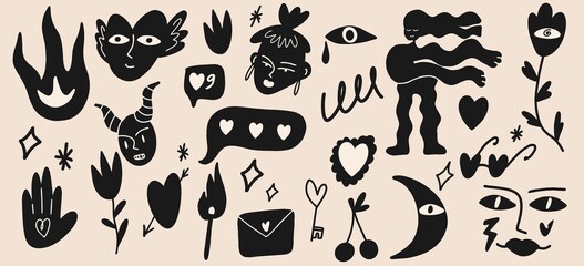 Big set of different abstract doodle icons. Hearts, faces, plants, characters and more. Vector illustration, cartoon style, flat design. All elements are isolated.