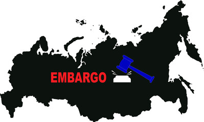 illustration of gavel next to embargo lettering and map of russia. - obrazy, fototapety, plakaty