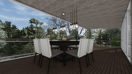hanging lamps at balcony house architectural sketch 3d illustration