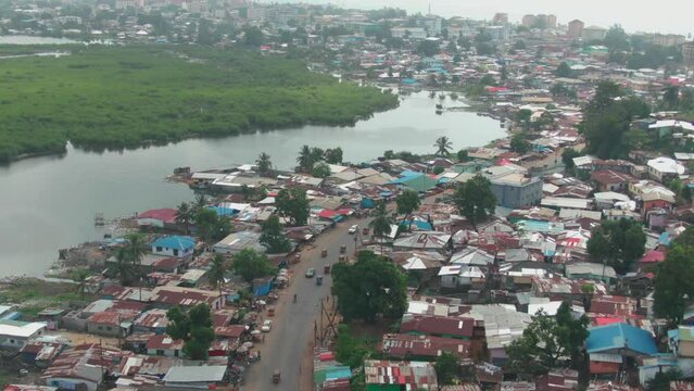 aerial perspective on a street in Monrovia, Liberia along the Mesurado River in Africa