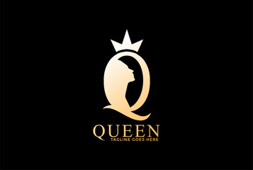 Elegant Luxury Letter Q with Woman Girl Lady Female Silhouette Crown for Queen Logo Design Vector
