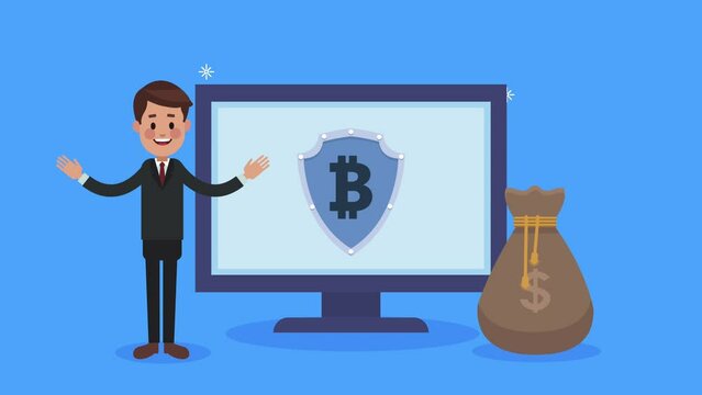 businessman with bitcoin shield in desktop