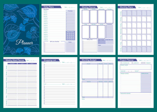 Printable Vector Planner Pages Templates In Blue Shades. Daily, Weekly, Monthly, Project, Budget And Meal Planners.