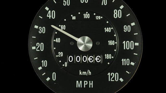 Vehicle speedometer showing increasing speed with the odometer displaying increasing transport vehicle fuel and oil costs in European Euros. Rising energy costs.