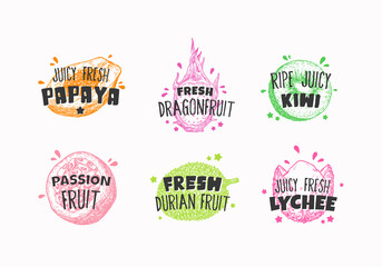 Juicy Fresh Ecxotic Fruits Badges, Labels or Logo Templates Collection. Hand Drawn Papaya, Lychee, Pitaya, Kiwi and Durian Sketch with Playful Typography. Premium Exotic Food Emblems Set. Isolated