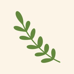 Green branch with leaves on a light background. Flat design, hand drawn cartoon, vector illustration.