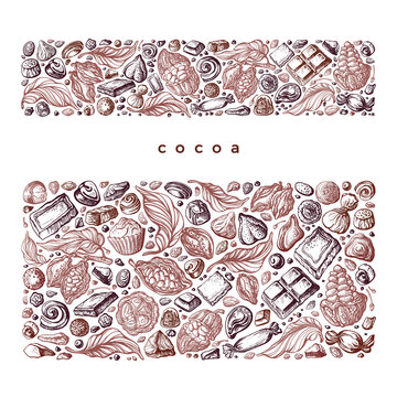 Cocoa, chocolate, sweets template. Vector sketch
