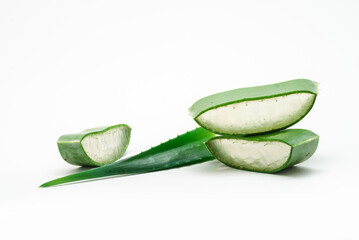 ORGANIC / NATURAL Aloe vera slice on white background,  with copy space. (Aloe barbadensis Mill.,Star cactus, Aloe, Aloin, Jafferabad or Barbados) a very useful herbal medicine for skin  and hair care