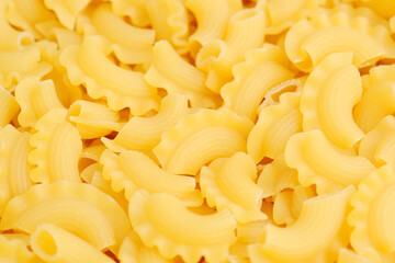 Dry uncooked Italian Creste di gallo pasta close up. 