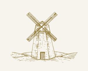 Obraz premium Hand Drawn Rural Building Landscape Vector Illustration. Windmill Sketch. Village Mill House Doodle. Isolated