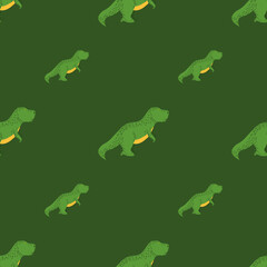 Seamless pattern cute T-Rex dino. Background of funny dinosaurs in doodle style.
