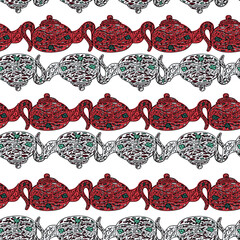 Seamless pattern with cute teapots. Background of doodle kettle decorative ceramic.