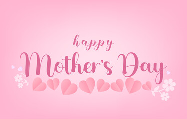 Mother's Day greeting card banner vector with 3d flying hearts pink papercut.symbol of love and handwritten letters on pink background.