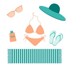 A set of beach accessories. Hat, towel, glasses, suntan lotion, flip-flops. Colorful vector illustration on a white background