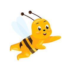 Cute bee flying rescue isolated on white background. Smiling cartoon character hero.
