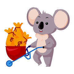 Cute Koala rich isolated on white background. Cartoon character roller wheelbarrow with bags.
