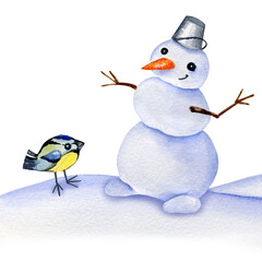Watercolour snowman with bird, winter illustration, hand drawn sketch