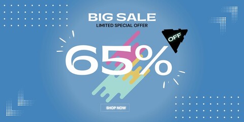 Fototapeta na wymiar 65% off limited special offer. Banner with sixty five percent discount on a blue background with details colorful