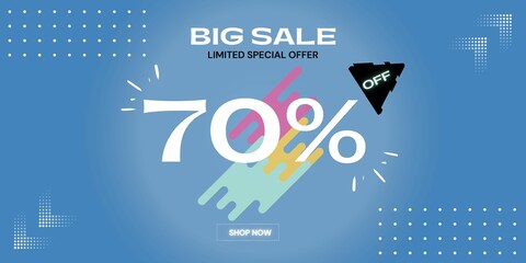Fototapeta na wymiar 70% off limited special offer. Banner with seventy percent discount on a blue background with details colorful