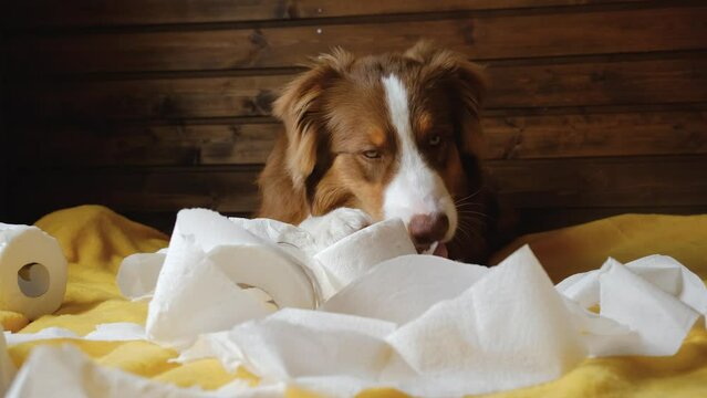 Pet alone at home. Small Australian Shepherd puppy made mess on bed, tore and ate several rolls of toilet paper. Aussie dog is gnawing on white napkins from excitement or play. Slow motion footage.
