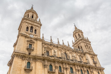 Detailed view at the Jaén Cathedral, baroque-Renaissance cathedral housing the noted Santo Rostro relic and religious art museum on Plaza Santa Maria, Jaén city downtown