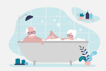 Naklejka premium Elderly couple taking bubble bath together. Grandma and grandpa hold hands while bathing