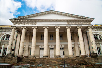 The building of the Pirogov City Hospital on a clear sunny day against the blue sky, Moscow. Sights of Russia. Architecture of World Tourism.