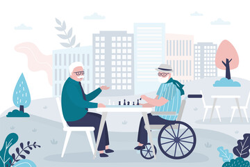 Grandfathers playing logic game outdoor. Elderly man plays chess with friend. Hobby for old people. Pensioners in park enjoy game. Grandpa makes move on chessboard.