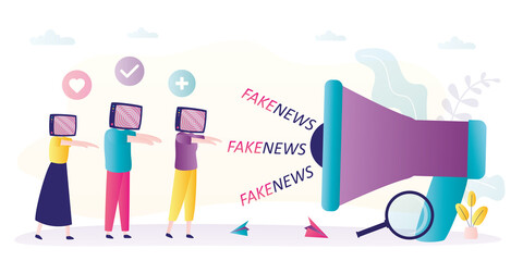 Loudspeaker spreading fake news. Hypnotized people believe all news on TV. Misinformation in mass media and official channels