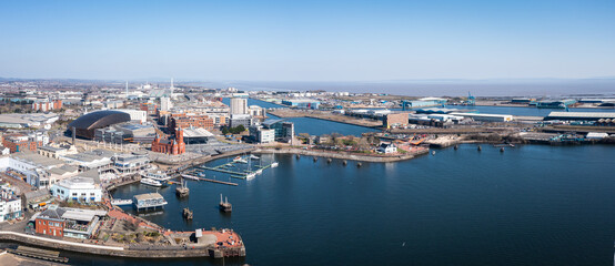 Aerial view of Cardiff Bay, the Capital of Wales, United Kingdom 2022 on a clear sky spring day