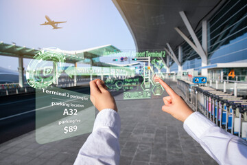 A woman receiving information using AR equipment at the airport (a hologram is displayed using a...
