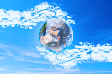 Save Earth and Our Planet, Environmental Ecology and Nature Conservation For Next generations Concept. Cloudy Hands Holding Earth on Blue Clouds Sky Background. Elements of image furnished by NASA
