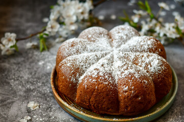 Homemade  Italian style  Easter  bread cake, spring blossom  and  hand colored eggs. Homemade pastry.  Easter holiday baking and decorarion
