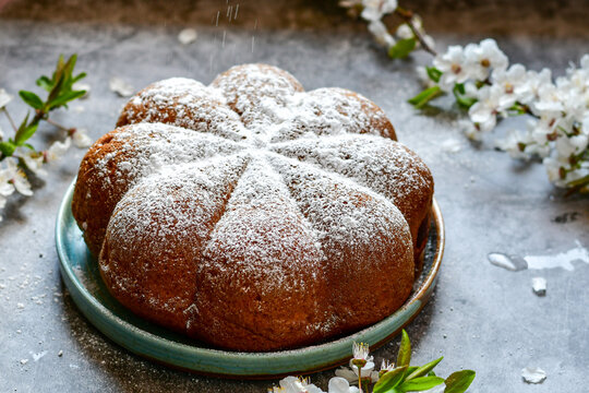 Easter hand painted eggs, and    Traditional italian easter   bread cake . 