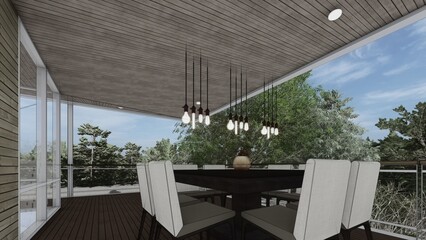 perspective balcony house  with dinning architectural sketch 3d illustration