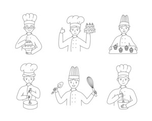 Set of bakers cooking baking bread and desserts. Food recipe.