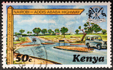 Kenya - circa 1977 : Cancelled postage stamp printed by Kenya, that shows Nairobi - Adis Ababa...