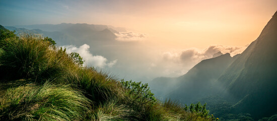 Foggy landscape in the mountains during sunrise, amazing nature view from Kolukkumalai Munnar, Kerala travel and tourism concept image