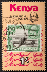 Kenya - circa 1976: Kenyan postage stamp shows British East Africa No 2, Hill Signature. Sir Rowland Hill 1795-1879 . Circa 1976.