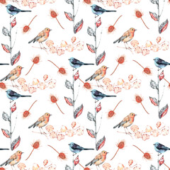 Watercolor seamless pattern with birds and dry meadow flowers.