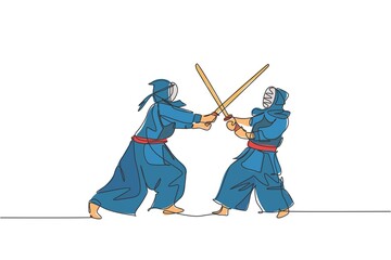 Single continuous line drawing of two young sportive man practicing defense and attack for kendo martial art skill on gym sport center. Fighting sport concept. One line draw design vector illustration