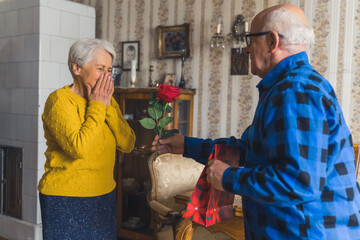 Happy birthday. Senior retired gentleman surprising his moved senior wife with beautiful red rose and a present to celebrate her birthday. Vintage interior. High quality photo