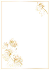 Rectangular postcard template with frame and chrysanthemum flowers in the corner, gold gradient outline image. Vector illustration for festive design.