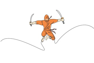 Single continuous line drawing of young Japanese culture ninja warrior on mask costume with jumping attack pose. Martial art fighting samurai concept. Trendy one line draw design vector illustration © Simple Line