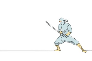 One single line drawing of young energetic Japanese traditional ninja holding samurai sword on attack pose vector illustration. Combative martial art sport concept. Modern continuous line draw design